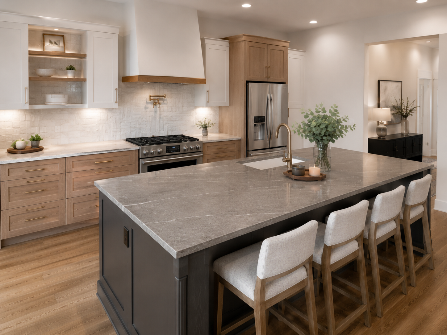Dublin Ohio luxury gray stone countertop island with custom kitchen cabinets